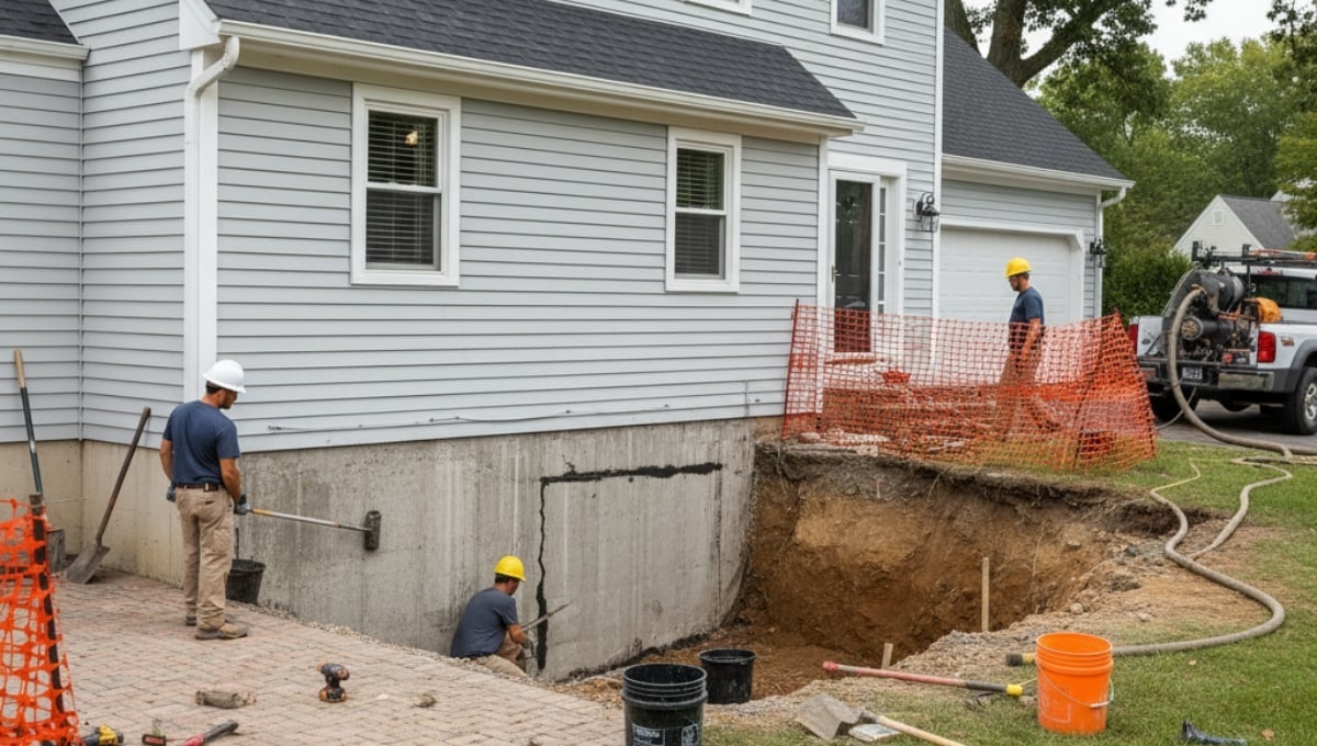 Basement foundation repair crew sealing a cracked concrete foundation beside a home