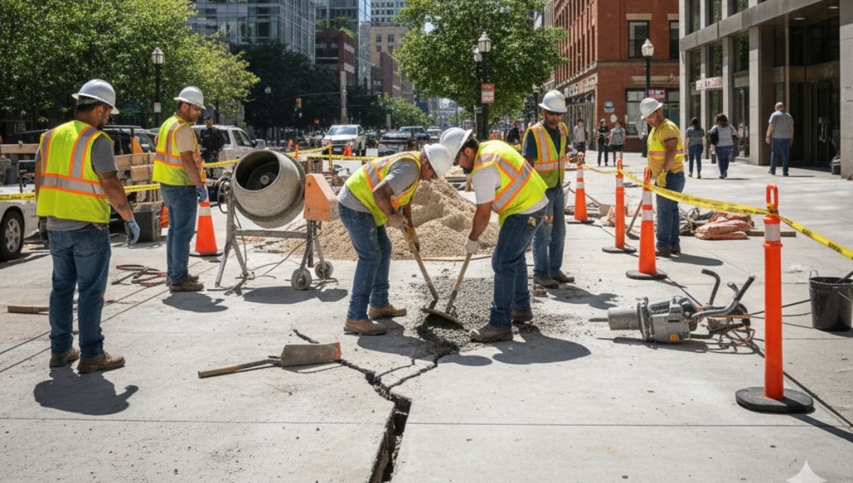 Brooklyn sidewalk repair crew restoring a damaged concrete sidewalk in a busy commercial district