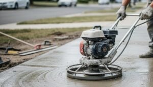 Contractor using a power float to smooth freshly poured concrete during Brooklyn sidewalk repair