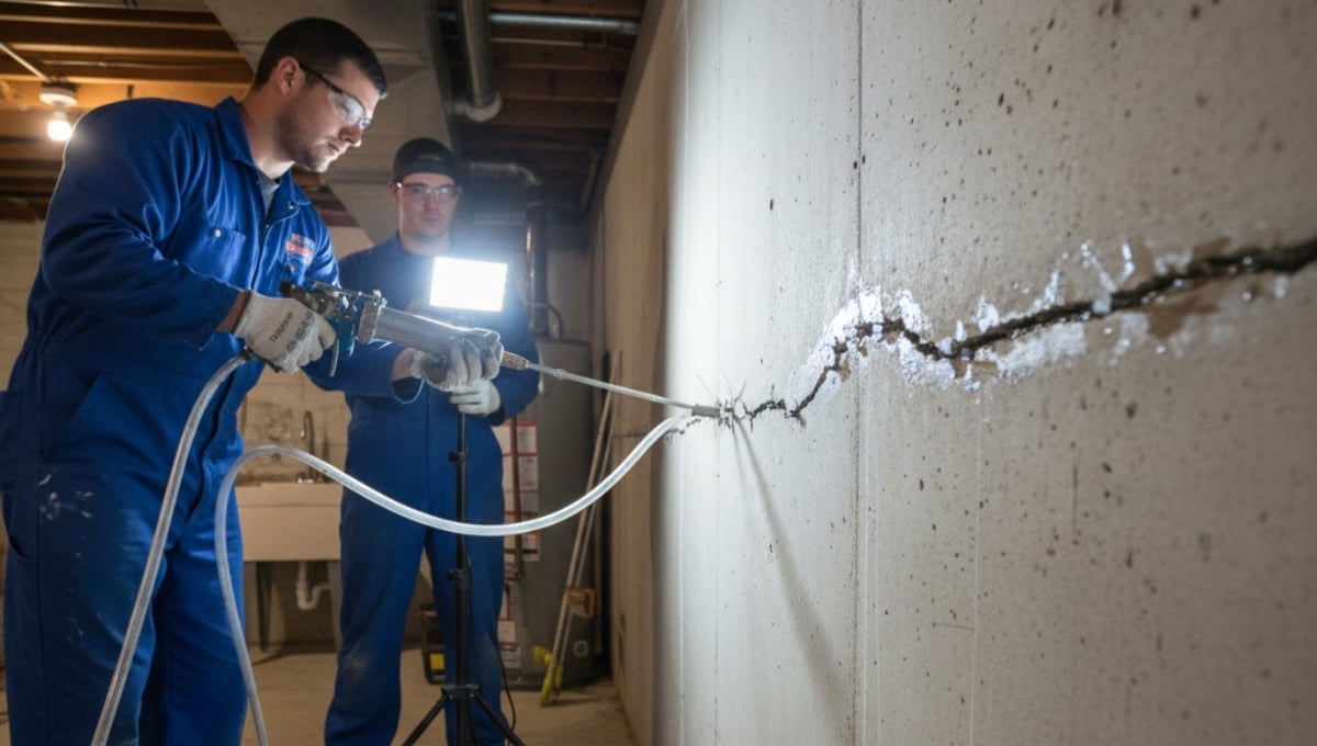 Technicians repairing a cracked concrete foundation wall using professional crack injection equipment