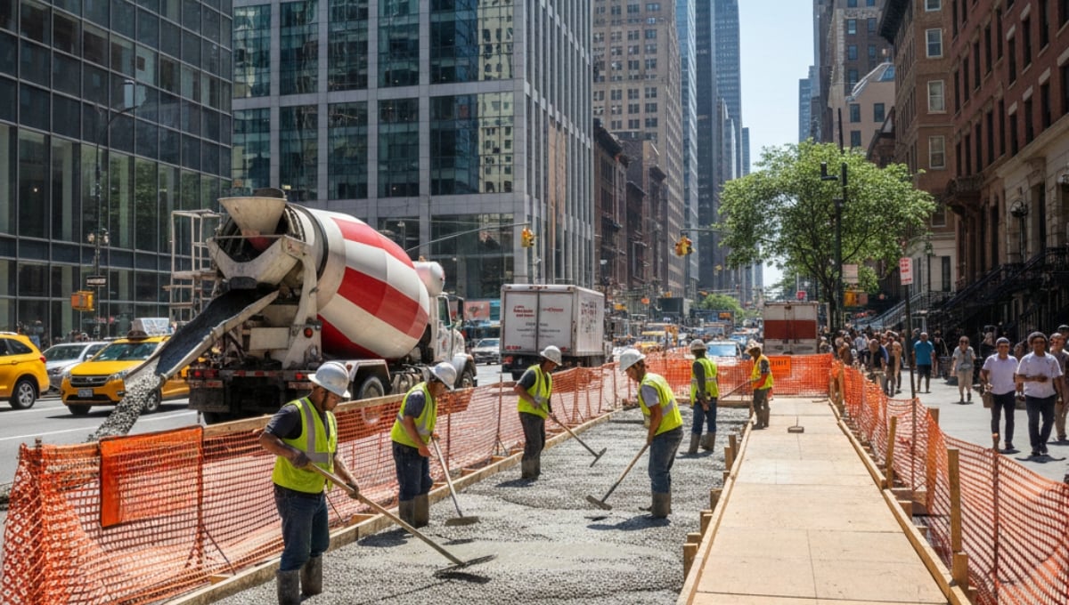 NYC sidewalk repair crew pouring and leveling concrete along a busy Manhattan street