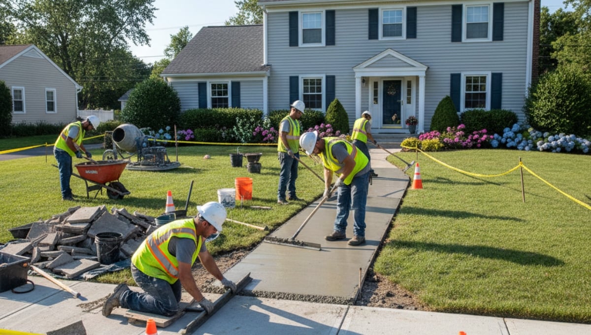 Sidewalk contractors installing a new concrete walkway at a residential property