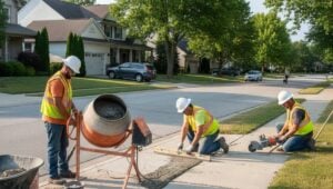 Sidewalk contractors repairing a residential concrete sidewalk with a mixer and finishing tools