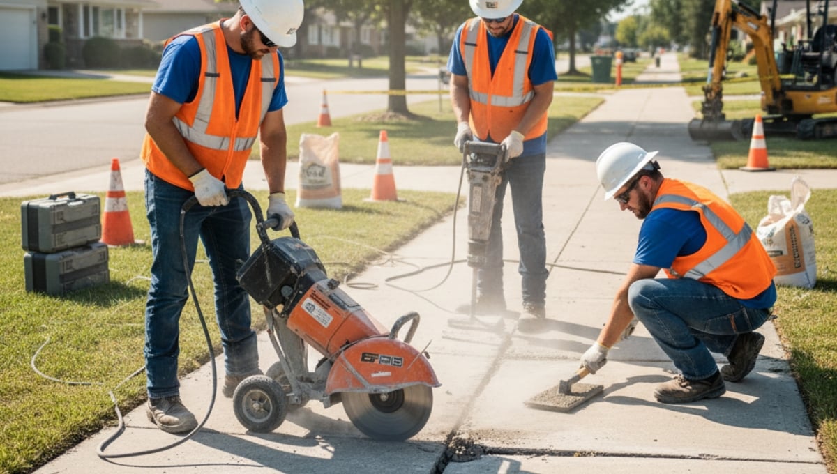 Contractors grinding and leveling uneven concrete sidewalks with professional repair equipment