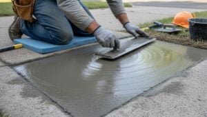 Concrete sidewalk repair contractor smoothing freshly poured concrete with a hand trowel