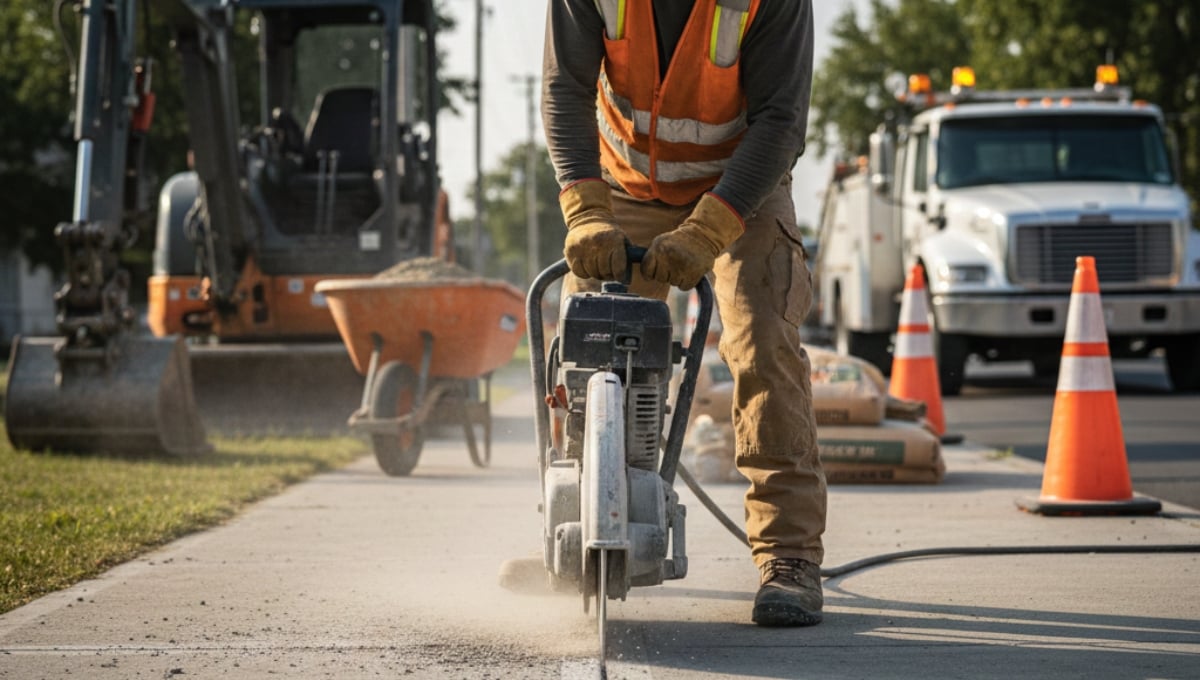 Sidewalk repair contractor cutting concrete pavement during a Brooklyn sidewalk restoration project