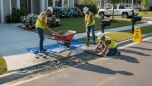 Workers performing sidewalk repair in NYC, mixing and leveling concrete on the street for repairs.