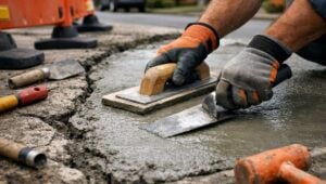 Professional worker performing concrete sidewalk repair in Brooklyn with tools on-site.
