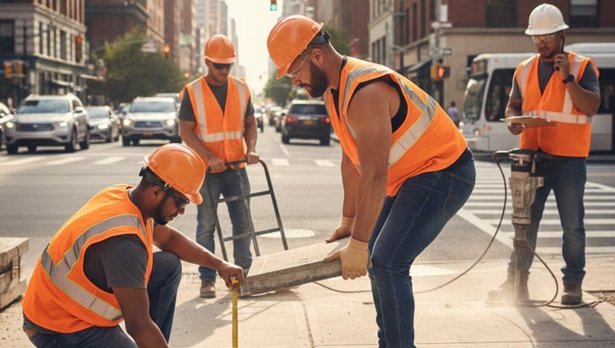 Concrete sidewalk repair contractors repairing a damaged sidewalk in Brooklyn, New York