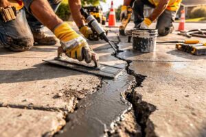 Workers performing sidewalk repair in Brooklyn, using tools to fix a cracked concrete surface.