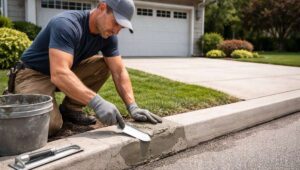 Worker performing house curb repair in Brooklyn, fixing the concrete curb with a trowel.