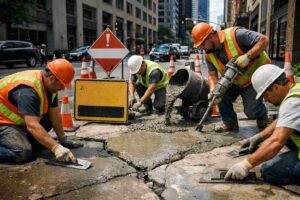 Professional crew performing concrete sidewalk repair in Brooklyn, pouring fresh concrete and smoothing cracked pavement on a city street.