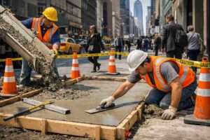 Two construction workers are pouring and smoothing concrete for sidewalk repair in NYC. The area is cordoned off with caution tape, and the city skyline is visible in the background.