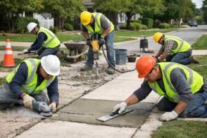 Workers performing concrete sidewalk repair in Brooklyn, using tools and equipment for efficient sidewalk restoration.