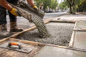 A construction worker in protective gloves and boots pours fresh concrete into molds for concrete sidewalk repair in Brooklyn, with nearby tools visible and a Brooklyn street in the background.