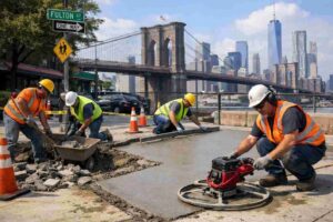 Workers performing sidewalk repair in Brooklyn, removing damaged concrete and smoothing fresh pavement with power tools near the Brooklyn Bridge.