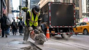A worker cutting concrete during NYC sidewalk repair, wearing a yellow safety vest and helmet, with a truck and pedestrians in the background. A professional NYC sidewalk repair contractor ensures quality and precision in the work.