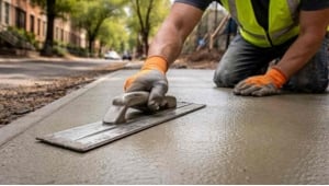 A close-up of a construction worker smoothing freshly poured concrete on a sidewalk in Brooklyn. The worker wears bright orange gloves and a high-visibility vest, expertly using a trowel to achieve a smooth surface.