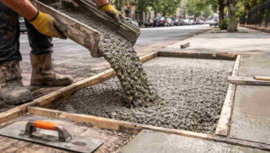 A construction worker in protective gloves and boots pours fresh concrete into molds for concrete sidewalk repair in Brooklyn, with nearby tools visible and a Brooklyn street in the background.