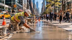 A sidewalk repair contractor in NYC carefully smooths freshly poured concrete on a busy street while pedestrians walk by, with the Empire State Building visible in the background.