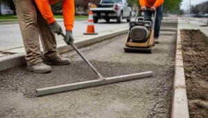 Workers performing concrete sidewalk repair in Brooklyn with tools and heavy equipment.