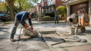 Worker using a concrete saw on a sidewalk during concrete repair in Brooklyn, with nearby tools and a cement mixer.