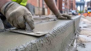 Close-up of a construction worker smoothing fresh concrete along a residential curb during house curb repair in Brooklyn, with detailed finishing work visible on a city street.