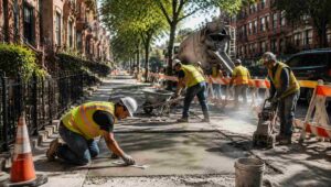 Workers performing concrete sidewalk repair in Brooklyn, using safety vests, trowels, and machinery on a sunlit city street with brownstone buildings and trees.
