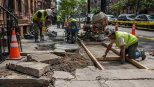 Construction crew performing concrete sidewalk repair in Brooklyn by removing damaged slabs and installing fresh concrete along a residential street.