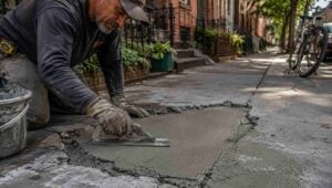 Experienced worker repairing a damaged sidewalk by filling cracks with fresh concrete and smoothing the surface with a steel trowel, showcasing the work of the best sidewalk repair contractors in Brooklyn.