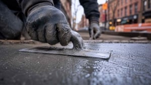 Construction worker using a steel trowel to smooth freshly poured concrete on a city sidewalk, showcasing expert concrete sidewalk repair in Brooklyn with detailed textures and craftsmanship.