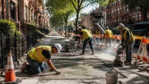 Workers performing concrete sidewalk repair in Brooklyn, using safety vests, trowels, and machinery on a sunlit city street with brownstone buildings and trees.