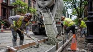 Workers perform house curb repair Brooklyn services as a concrete truck pours fresh cement into curb forms beside a residential street lined with brownstones and greenery.