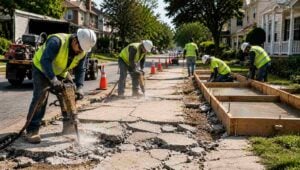 Professional sidewalk repair crew using jackhammers and construction tools to replace damaged concrete pavement in a quiet suburban neighborhood under bright daylight.