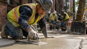 Sidewalk repair contractors in Brooklyn carefully smooth freshly poured concrete with a steel trowel while wearing safety gear on a residential street lined with brownstone buildings.