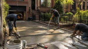 Workers carrying out Brooklyn concrete repair on a Brooklyn residential driveway, spreading and smoothing wet concrete with tools, with brownstone buildings, iron fences, and plants in the background.