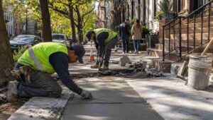 Professional contractors repairing a damaged concrete sidewalk in a Brooklyn residential neighborhood, showcasing best sidewalk repair contractors Brooklyn with precision tools and fresh concrete installation.