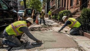 Professional workers from a concrete repair company in Brooklyn repairing a damaged sidewalk with fresh concrete, safety equipment, and expert craftsmanship in a residential neighborhood.