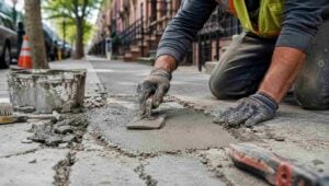 Professional contractor performing concrete sidewalk repair Brooklyn by applying fresh cement to cracked pavement with specialized tools on a residential street.